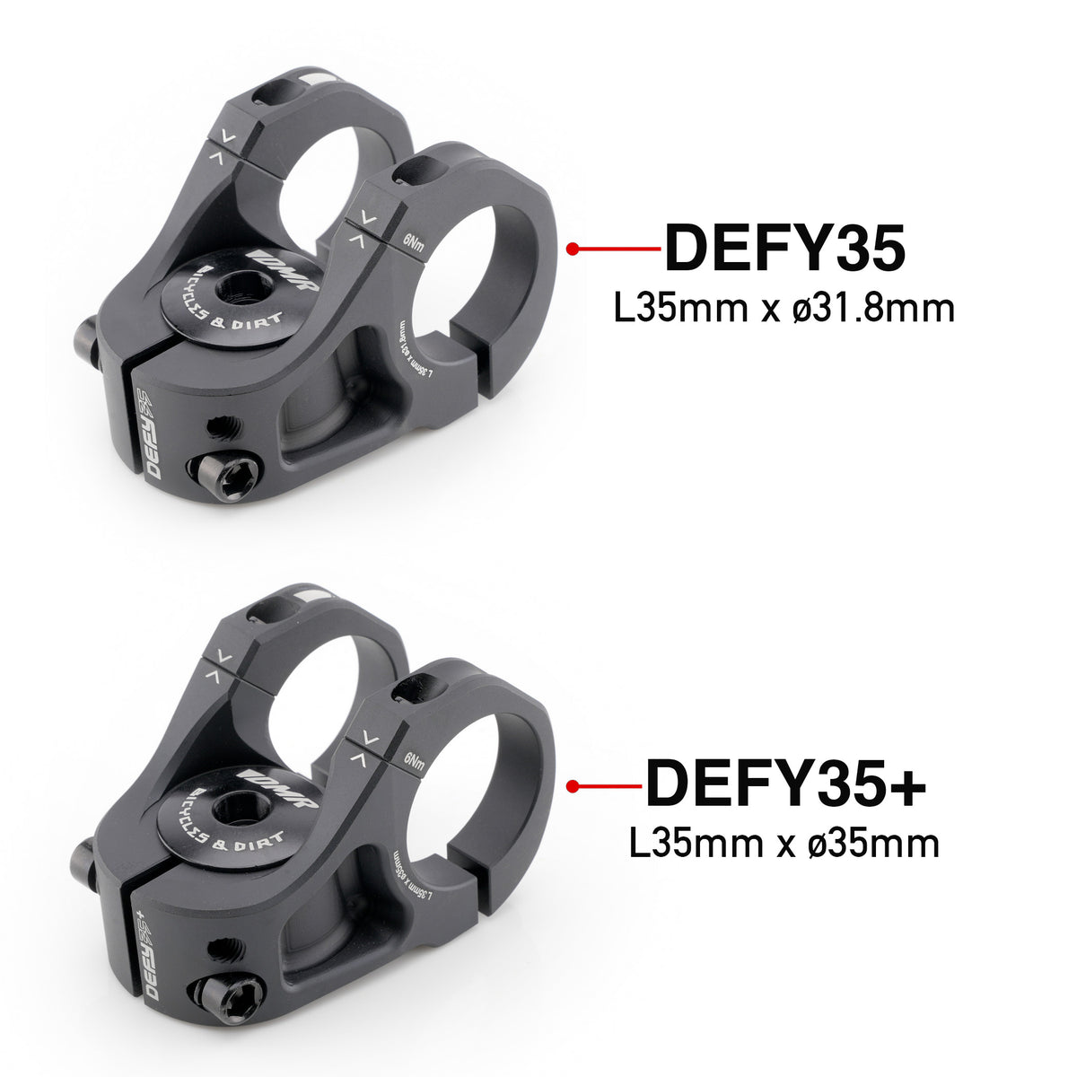Two black mountain bike stem components shown on a white background, labelled DEFY35 and DEFY35+, with text indicating dimensions L35mm x ø31.8mm and L35mm x ø35mm.