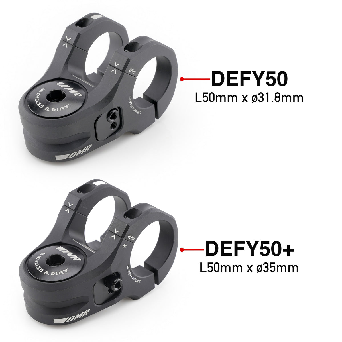 Two black mountain bike stem components shown on a white background, labelled DEFY50 and DEFY50+, with text indicating dimensions L50mm x ø31.8mm and L50mm x ø35mm.