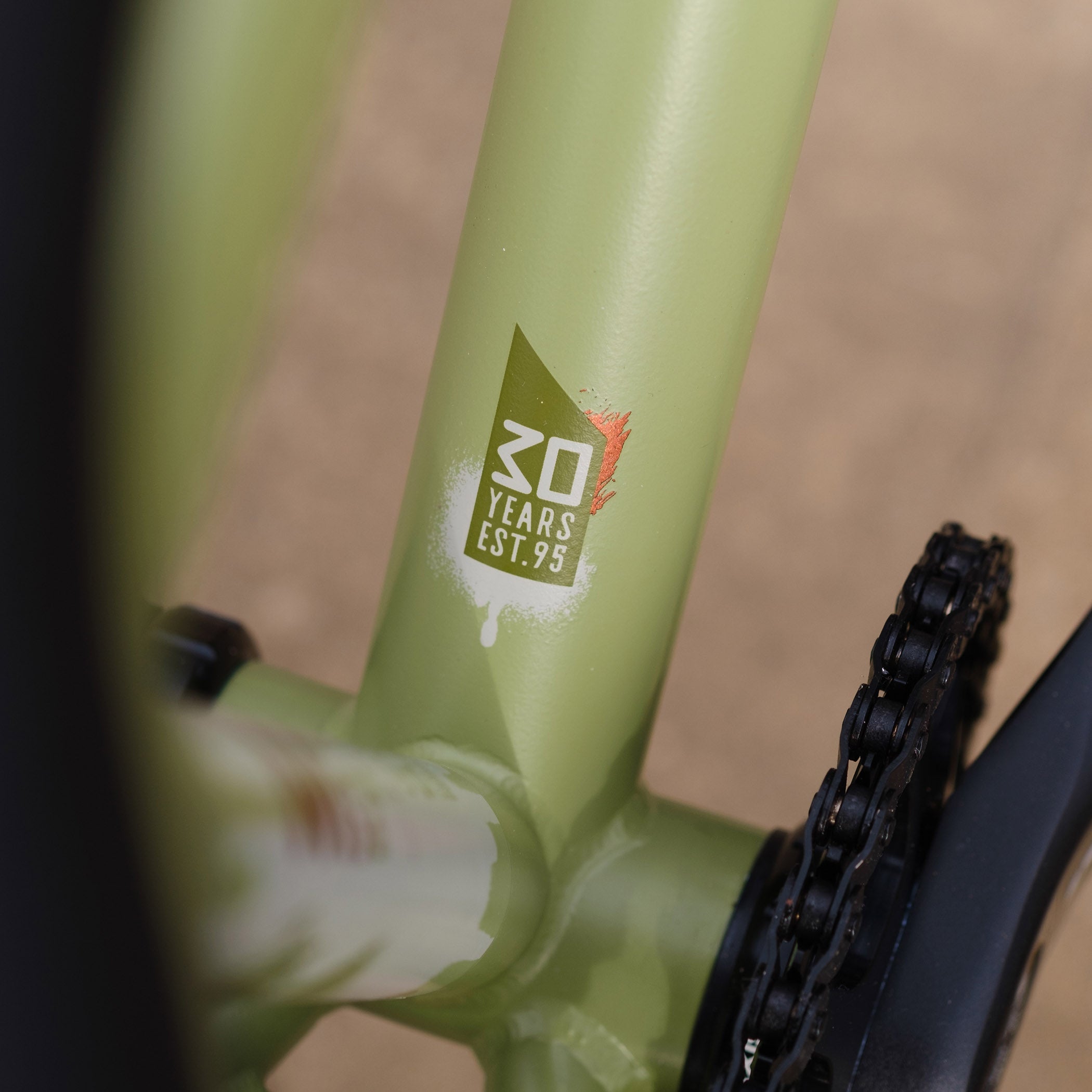 Close-up of a DMR Sect Custom 26" off-road mountain cycling cycle bike bicycle frame's down tube and bottom bracket area, in pistachio green, with visible branding. A blurred brown background can be seen.