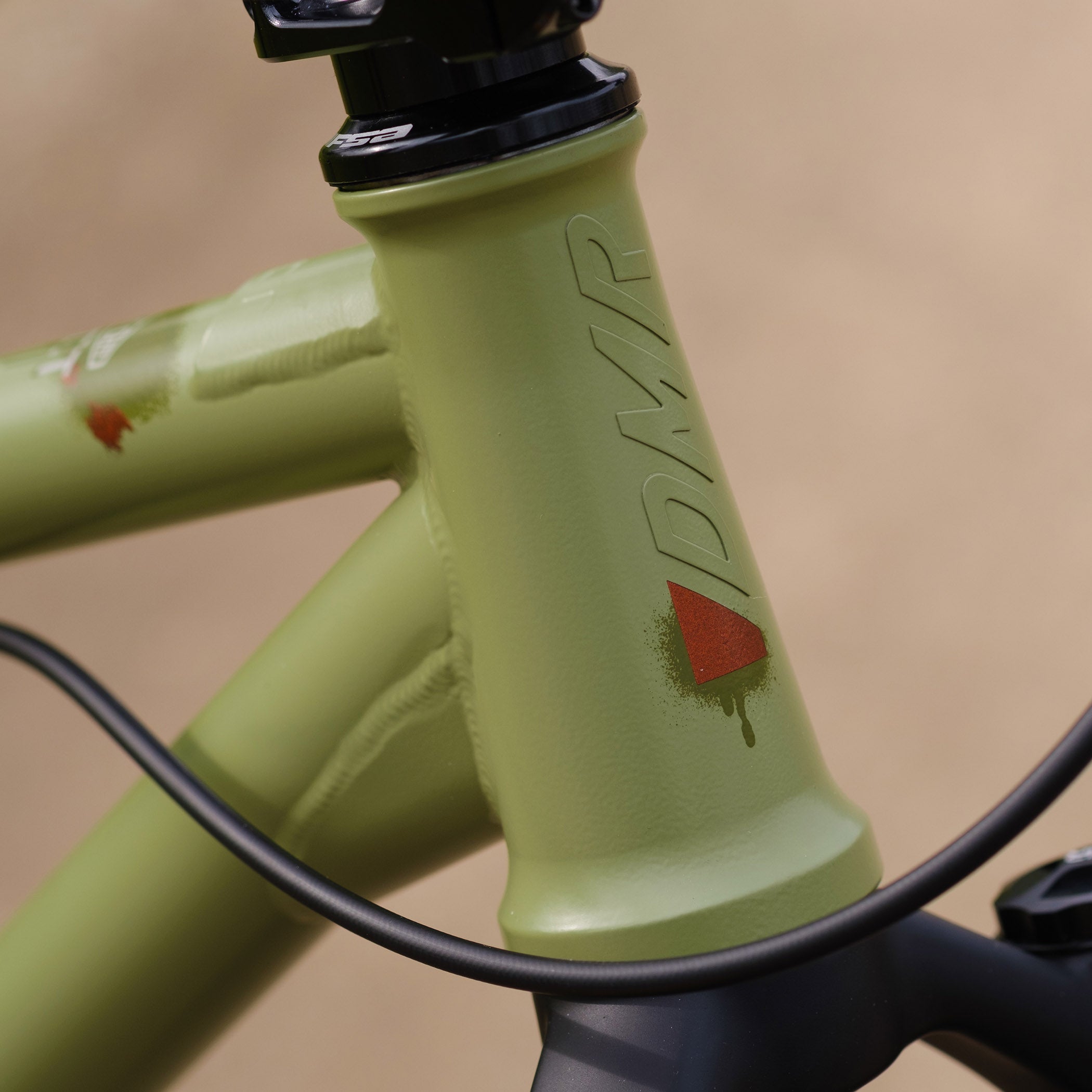Close-up of a DMR Sect Custom 26" off-road mountain cycling cycle bike bicycle frame's head tube, in pistachio green, with visible branding. A blurred brown background can be seen.