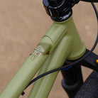 Close-up of a DMR Sect Custom 26" off-road mountain cycling cycle bike bicycle frame's top tube, in pistachio green, with visible branding. A blurred brown background can be seen.
