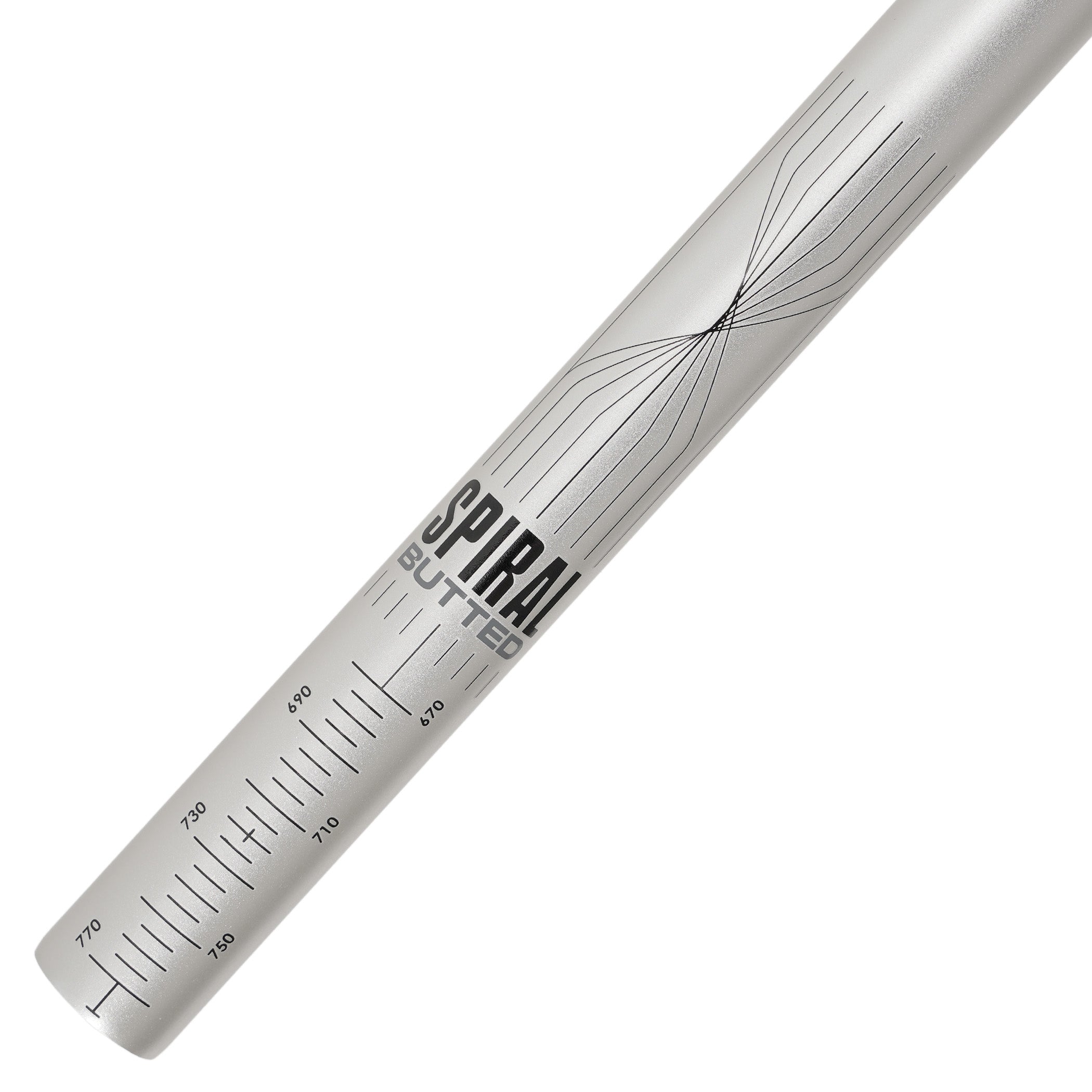 DMR ODUB signature handlebar in 50mm rise Silver. A close-up of 'SPIRAL BUTTED'