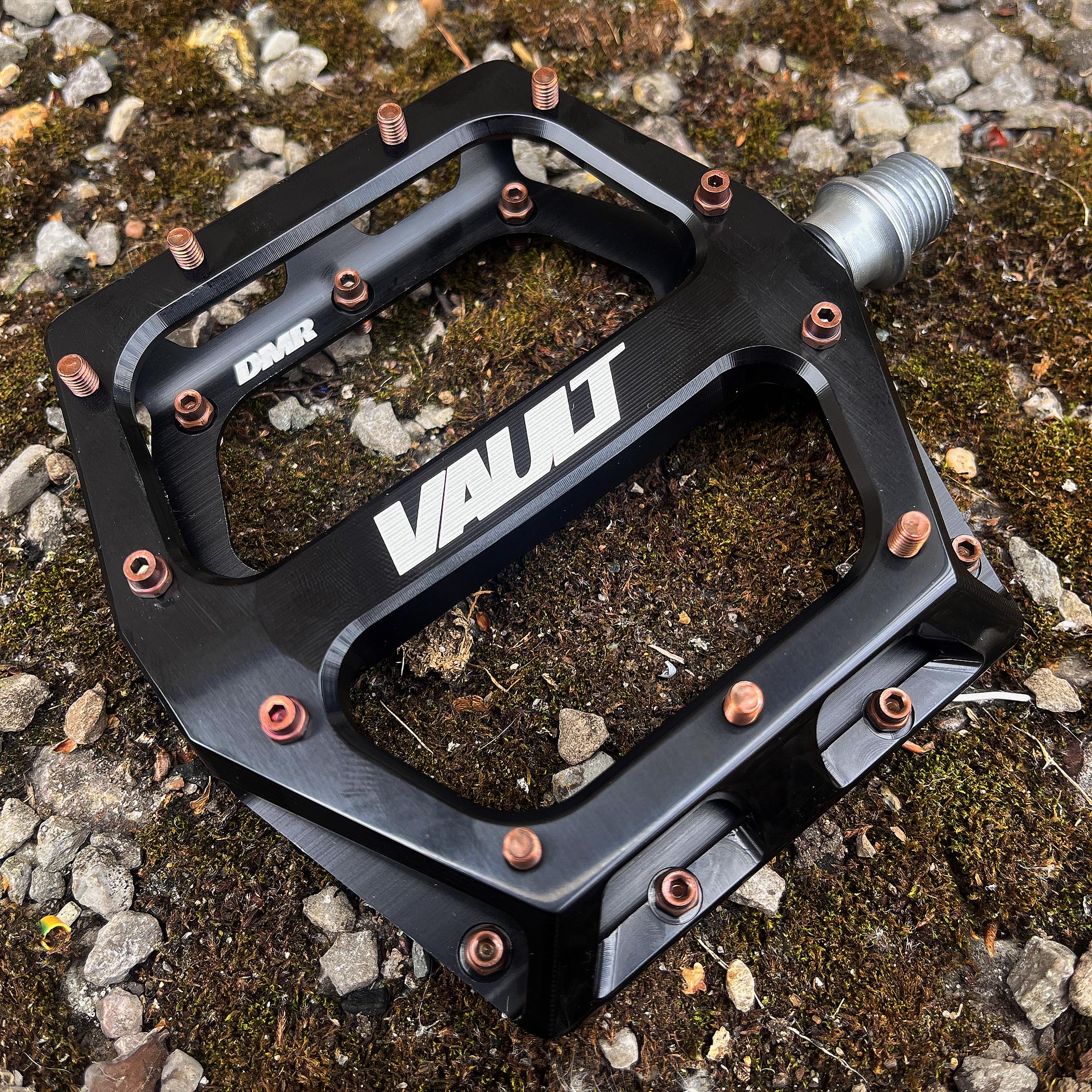 Black DMR Vault with copper bronze brown coloured pins, placed upon a moss covered rock surface.