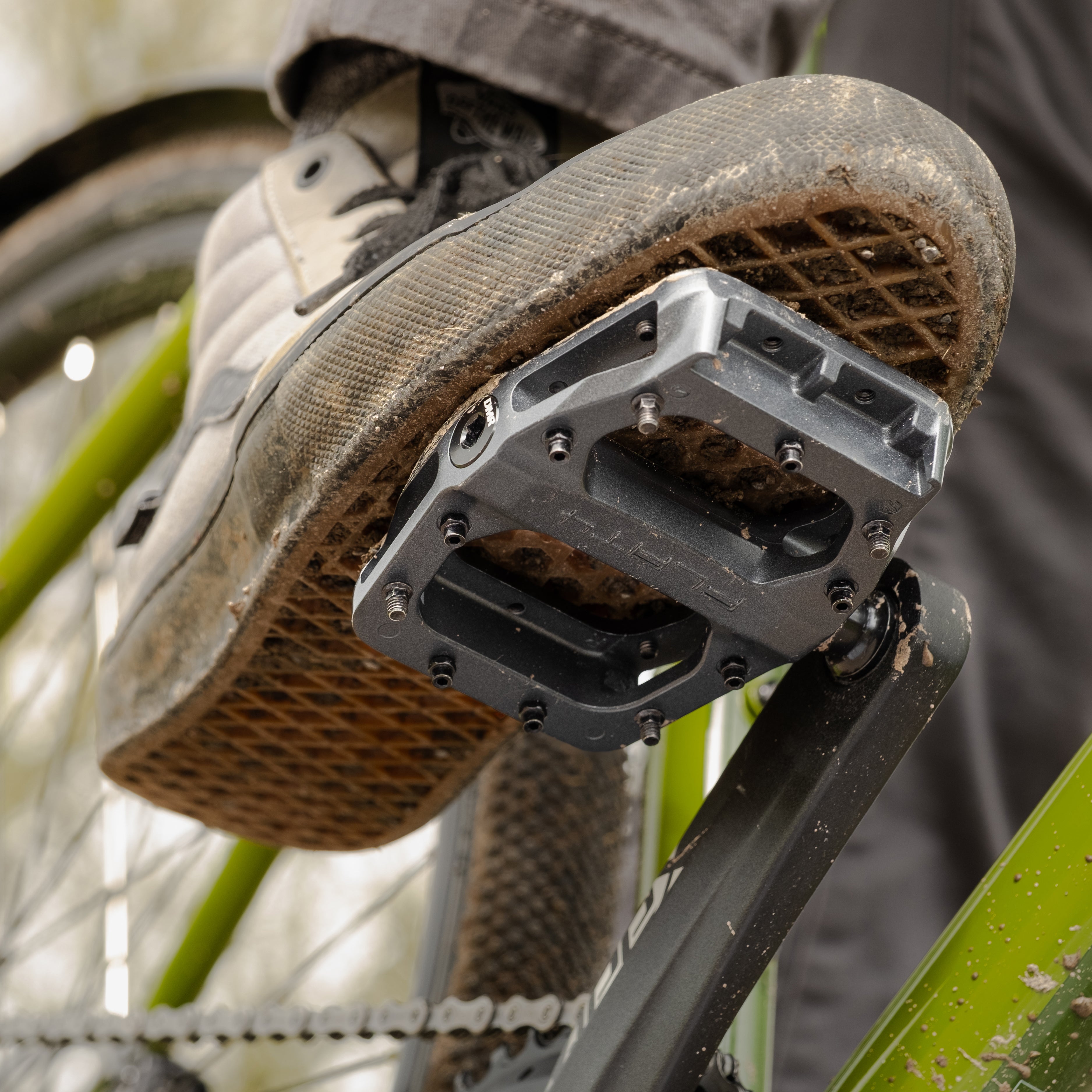 DMR Flat4 Pedal Grey Being Ridden on Kinesis Bike