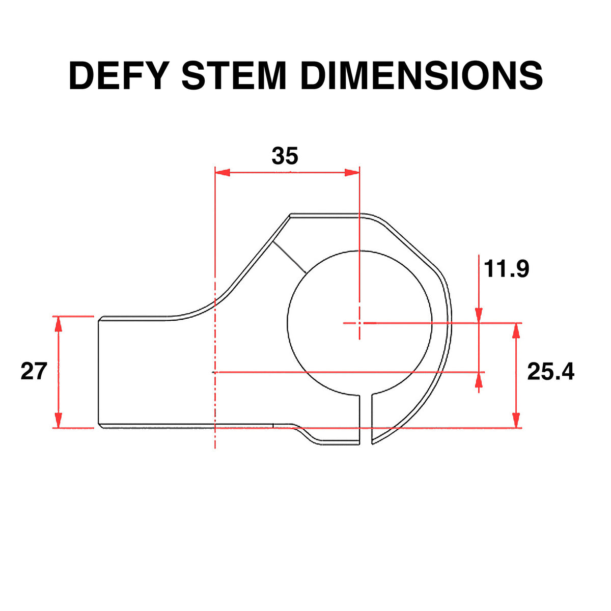 Technical dimension diagram showing two clamp profiles labelled DEFY 35 / 31.8 CLAMP and DEFY 35+ / 35 CLAMP with red measurement lines and numeric dimensions on a white background.