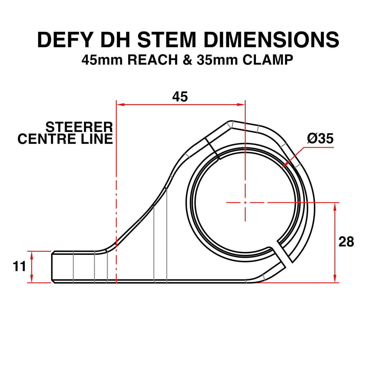 Technical dimension diagram of a defy DH stem, showing measurements of 45mm reach and 35mm clamp, with red dimension lines and labels on a white background.