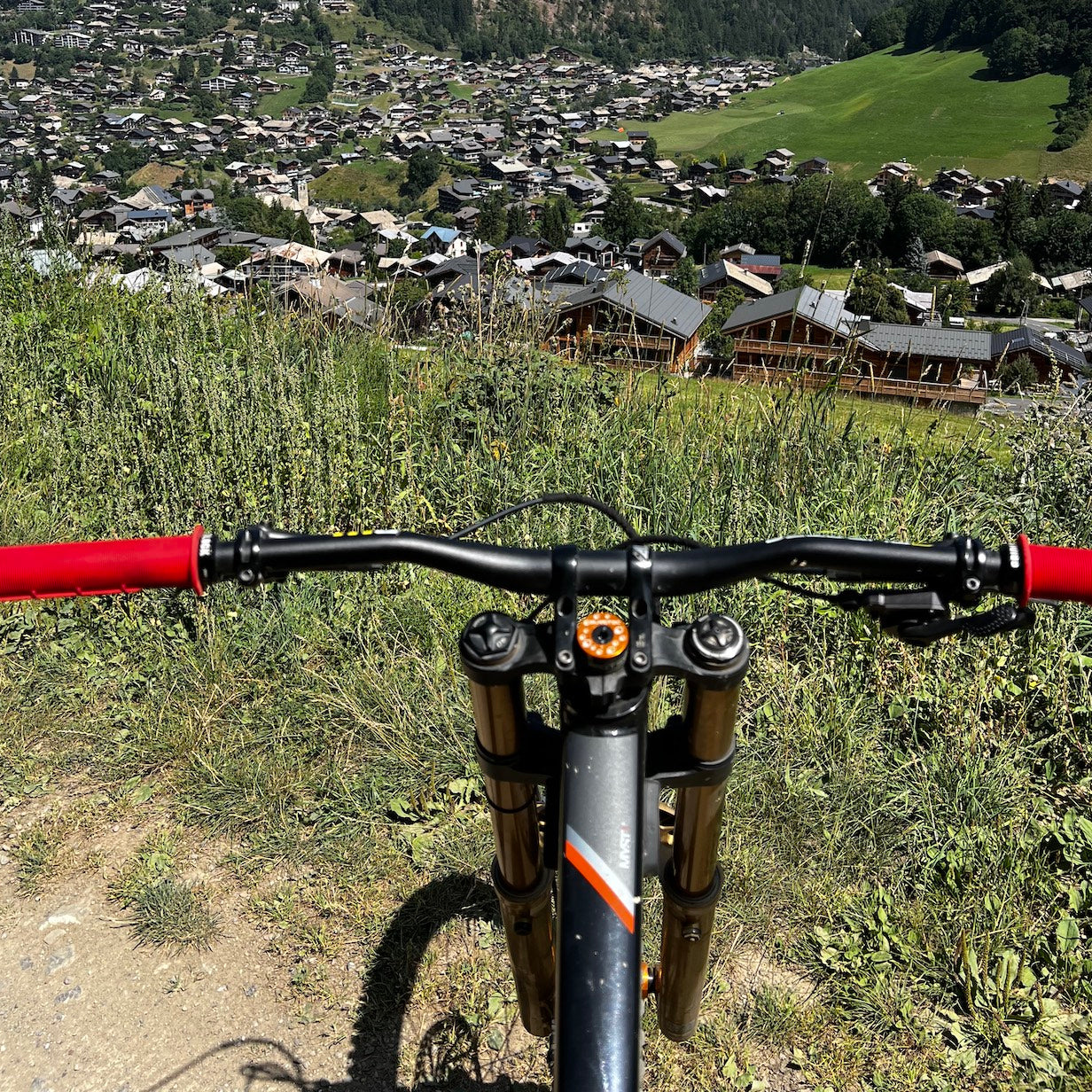 a really insanely blurry as all hell photo of dmr gridlock lock-on grid lock grip in a colour, with a pristinely in-focus background shot of a mountain town.