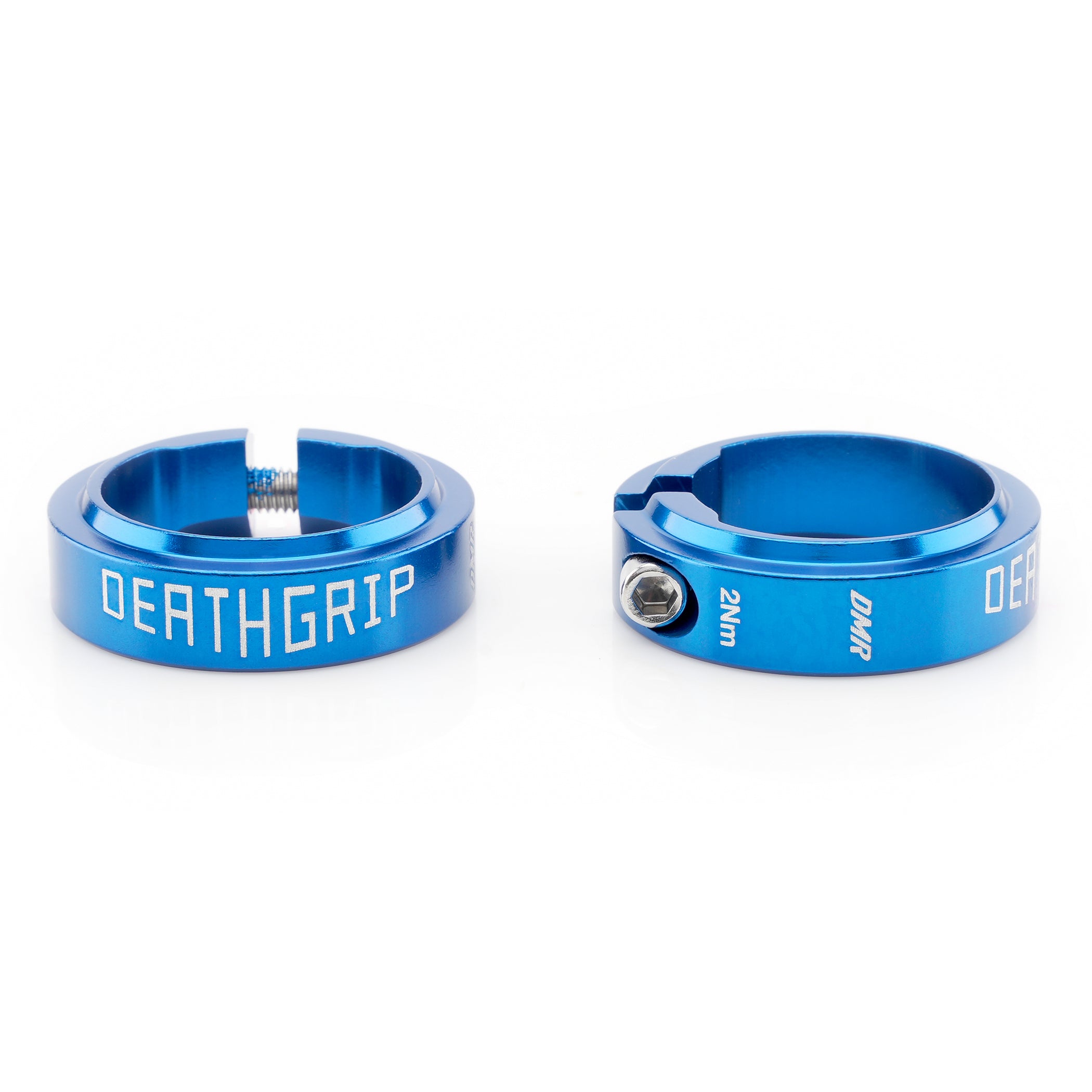 Two blue locking collar grip clamps with DMR Deathgrip 2 branding on a white background