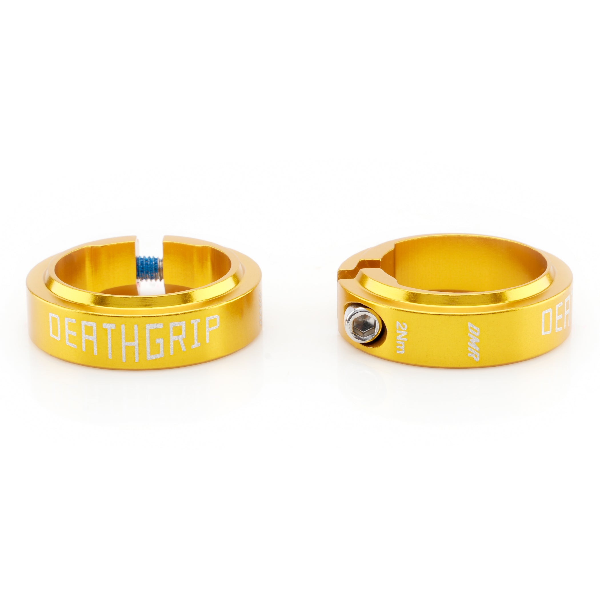 Two gold locking collar grip clamps with DMR Deathgrip 2 branding on a white background