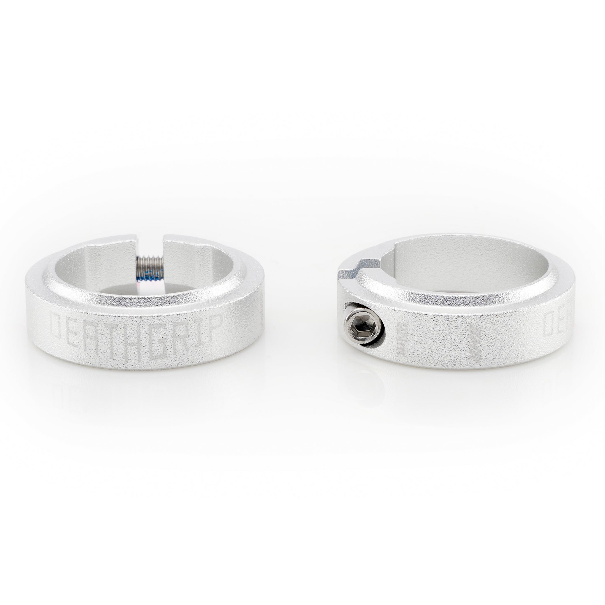Two silver locking collar grip clamps with DMR Deathgrip 2 branding on a white background