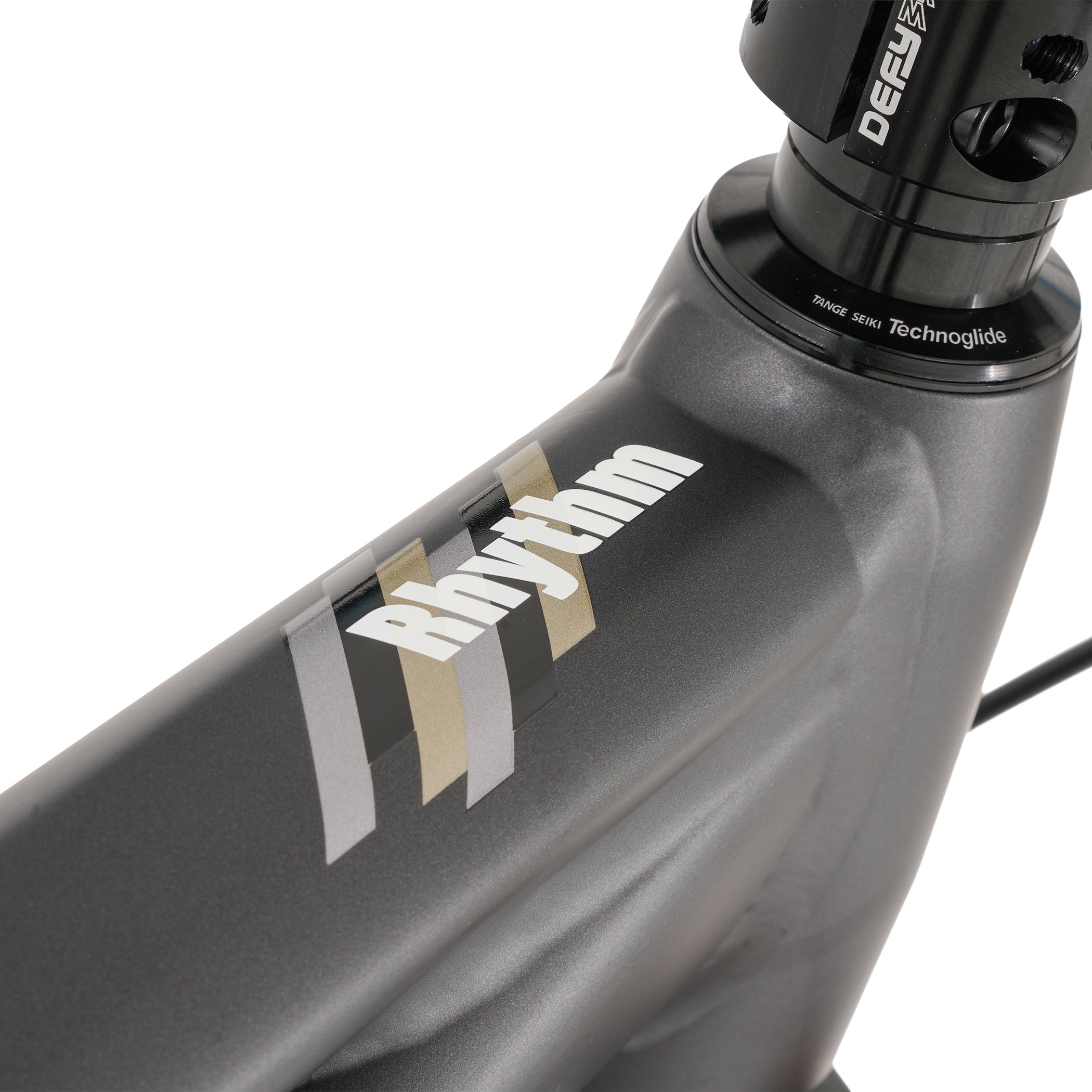 Close-up of a bicycle frame with 'Rhythm' branding on a white background