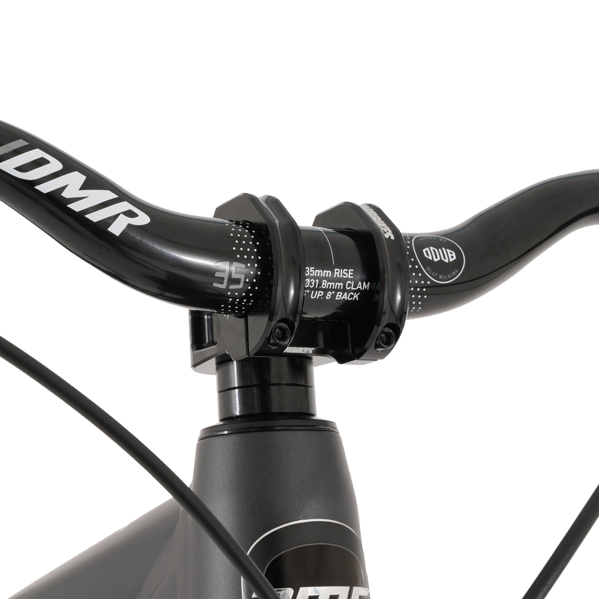 Close-up of a bicycle handlebar with DMR branding on a white background