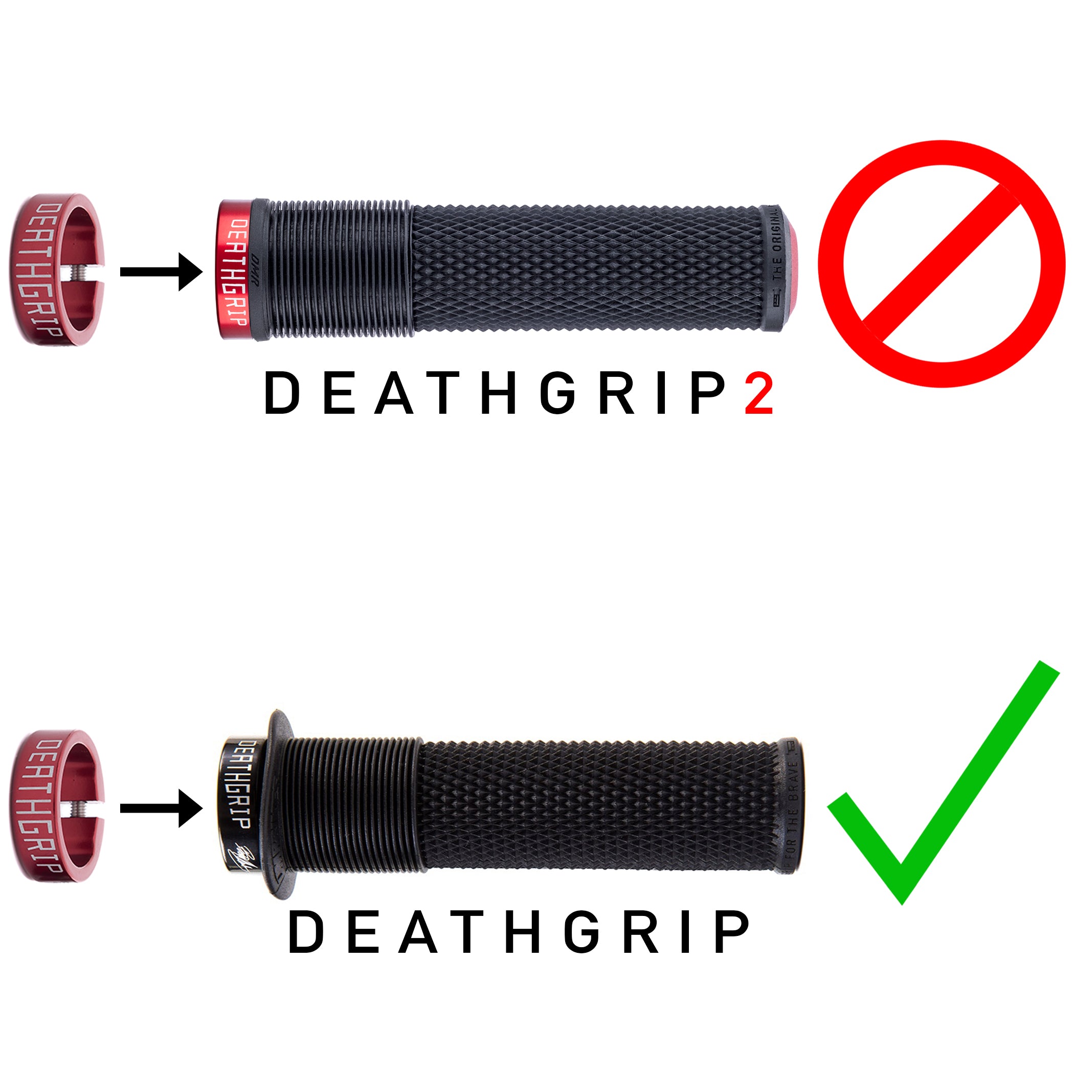 Comparison of 'DeathGrip' and 'DeathGrip 2' handlebar grips with a red circle and line through, indicating incorrect use, and a green check mark, indicating correct use.