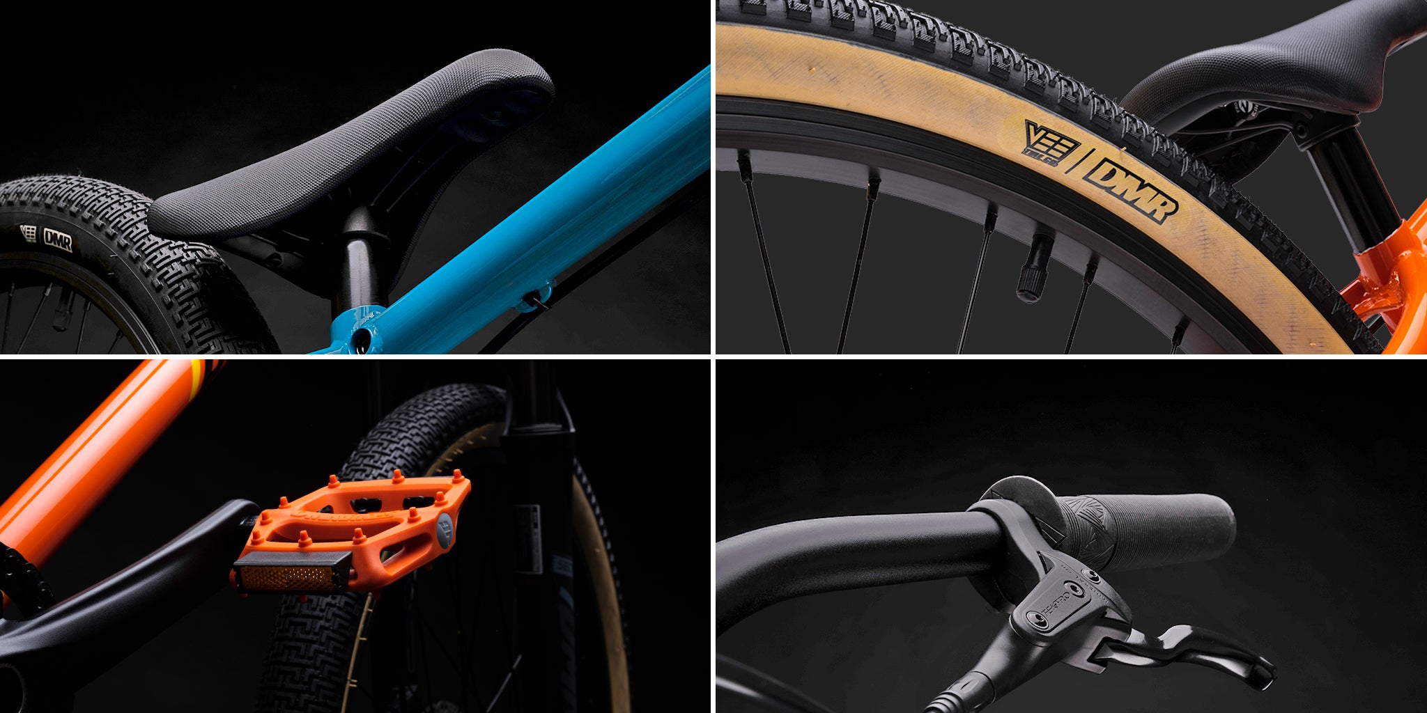 Collage of close-up details of a dmr bikes sect dirt jumper frame bike including seat, tire, pedal, and handlebar on a dark grey background.