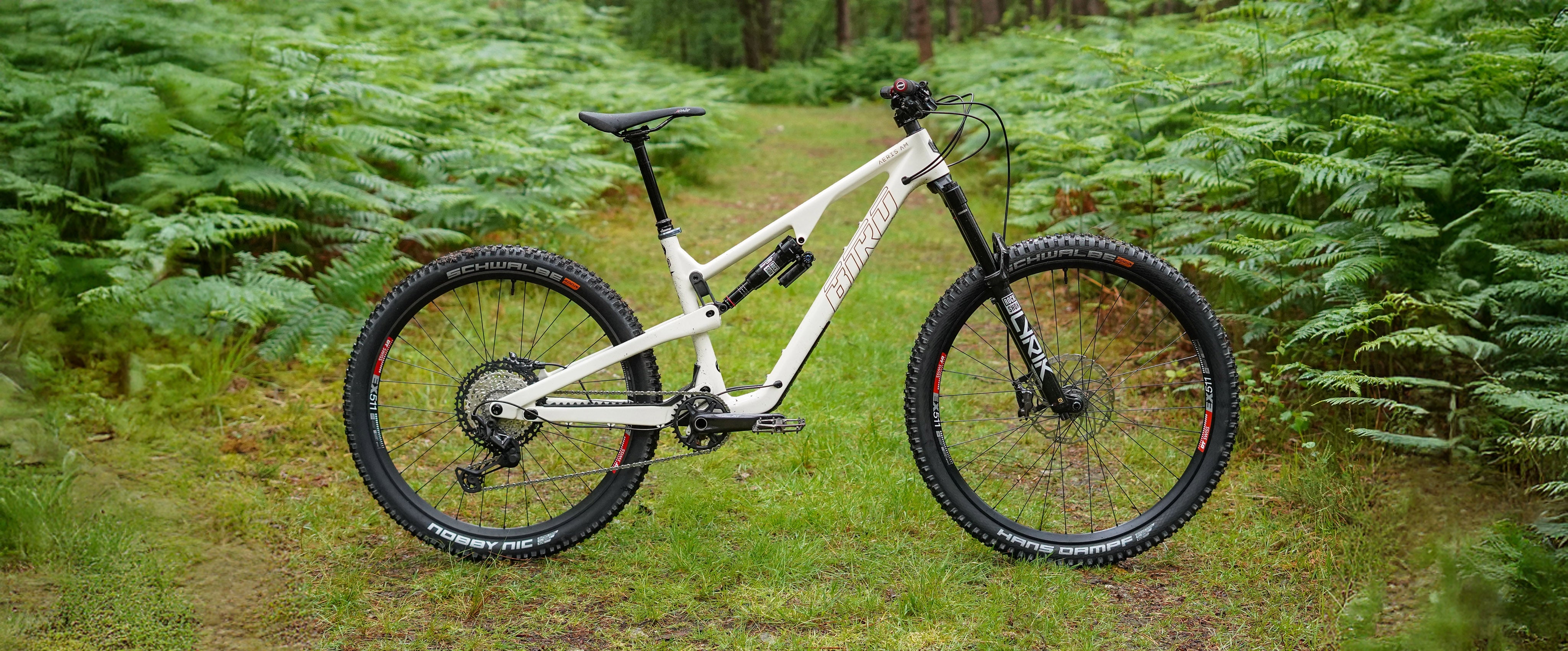 White mountain bike on a grassy trail with trees in the background