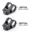 Two black mountain bike stem components shown on a white background, labelled DEFY35 and DEFY35+, with text indicating dimensions L35mm x ø31.8mm and L35mm x ø35mm.