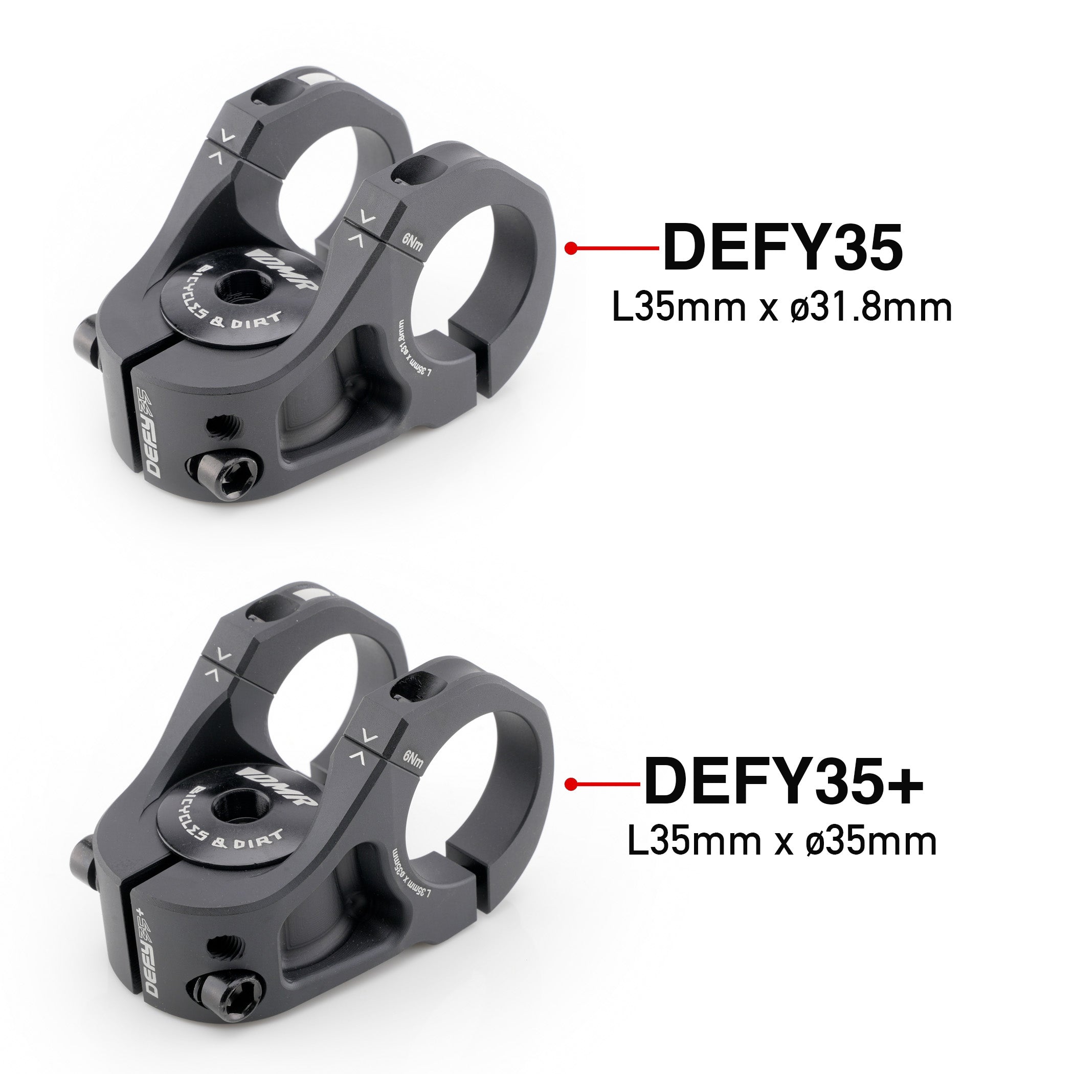 Two black mountain bike stem components shown on a white background, labelled DEFY35 and DEFY35+, with text indicating dimensions L35mm x ø31.8mm and L35mm x ø35mm.