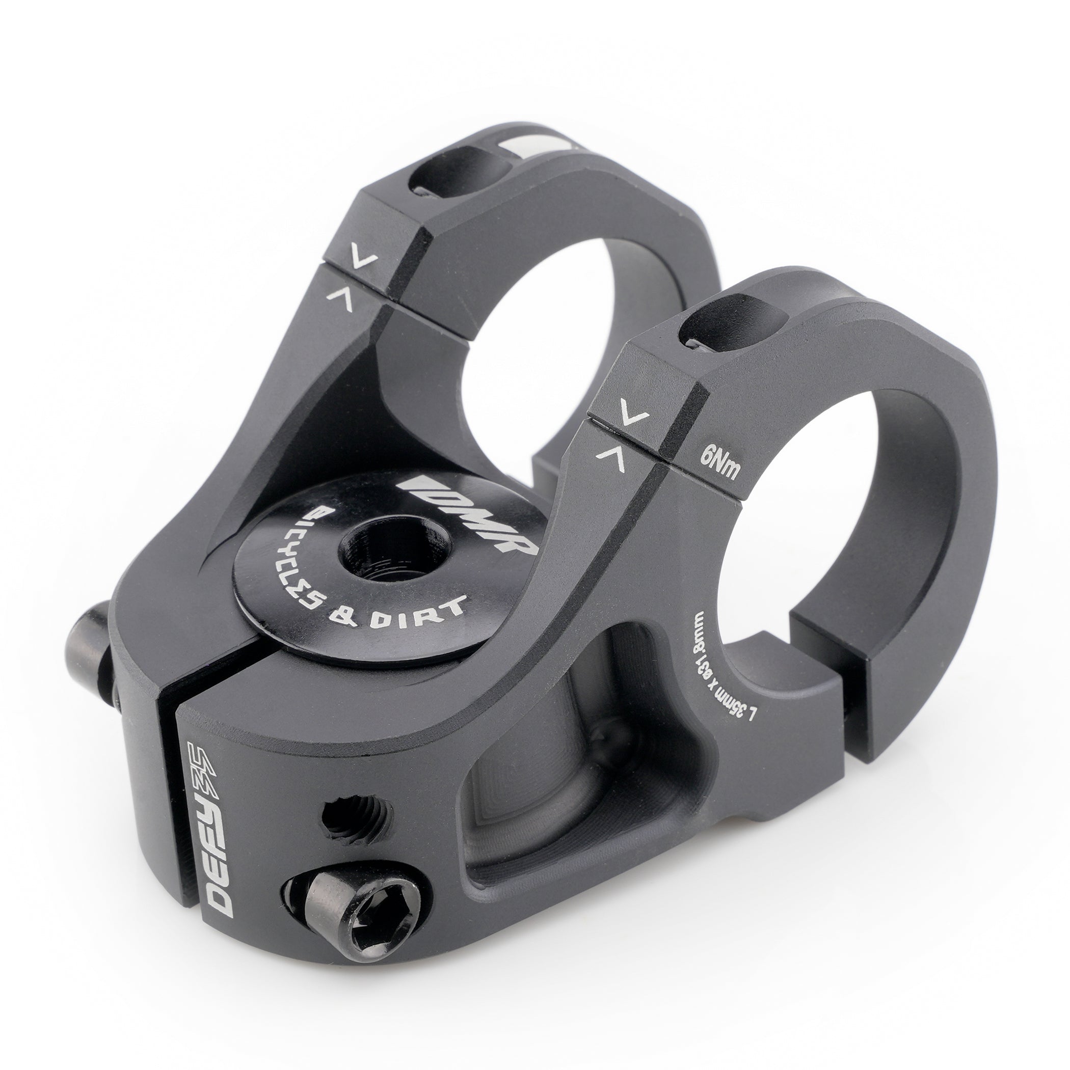 A black anodized aluminum bicycle stem, featuring the brands 'DMR' and 'DEFY35' on its surface, set against a plain white background.