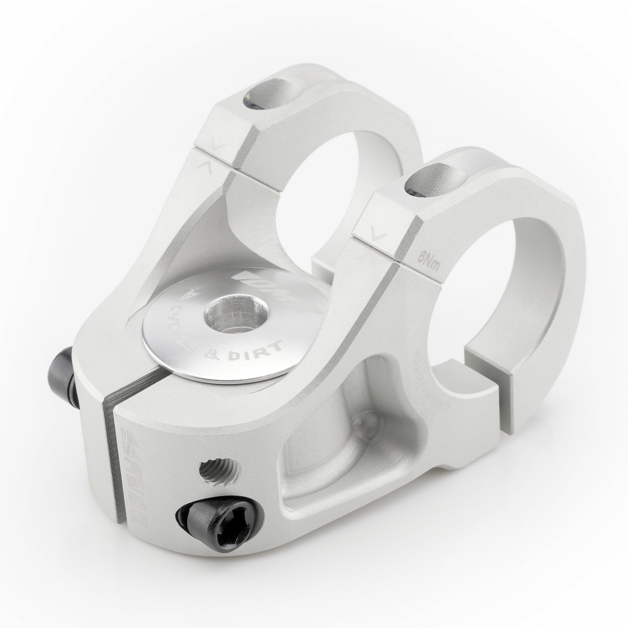 A silver metallic bicycle stem clamp with a silver adjustment lock and black screw bolts, shown on a clean white background.