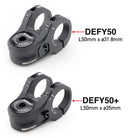 Two black mountain bike stem components shown on a white background, labelled DEFY50 and DEFY50+, with text indicating dimensions L50mm x ø31.8mm and L50mm x ø35mm.