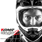 Person wearing a mtb helmet with DMR Deathgrip 2 branding on a white background