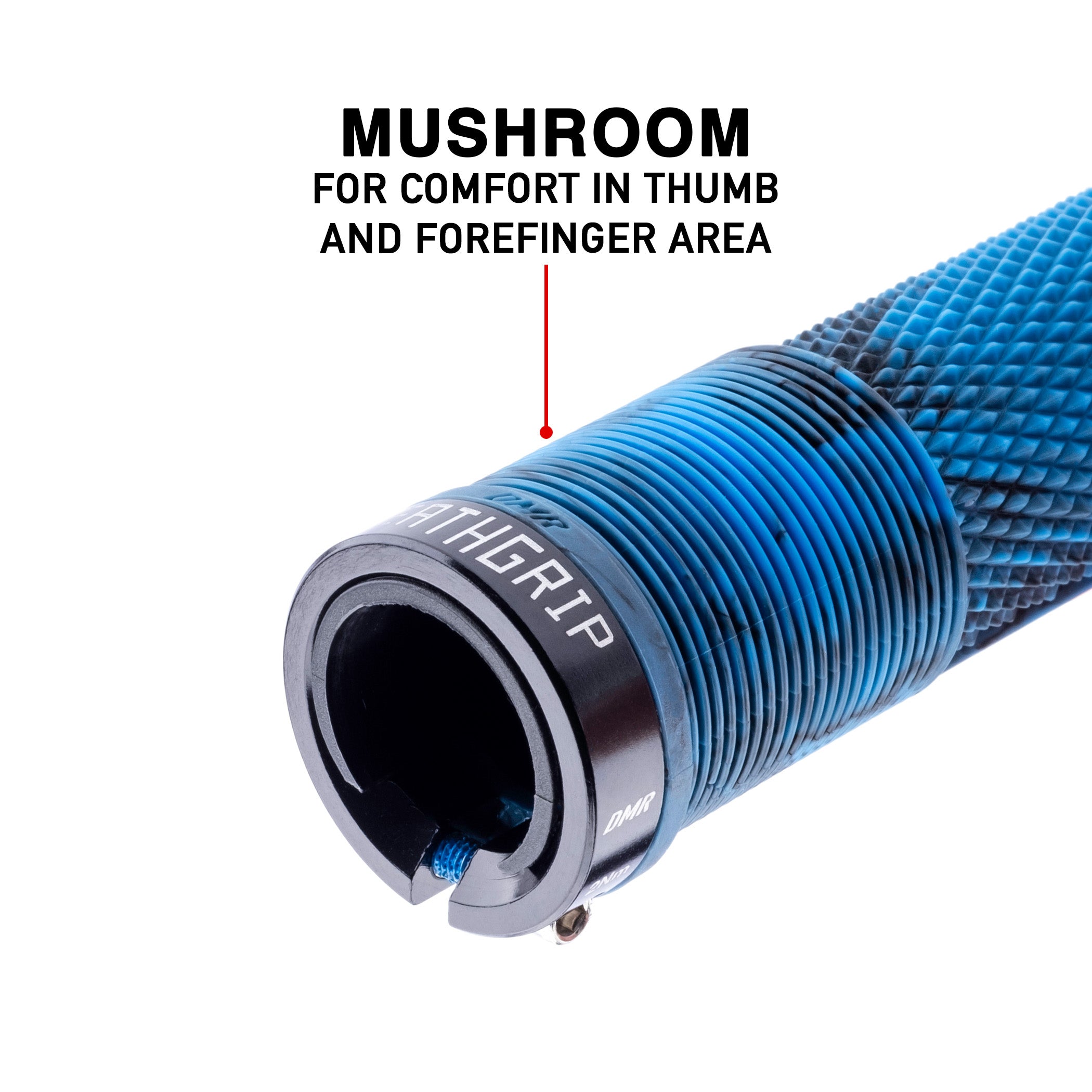 Close-up of a blue and black textured grip with a black end cap labelled DEATHGRIP, shown on a white background with text reading 'MUSHROOM FOR COMFORT IN THUMB AND FOREFINGER AREA' and a red pointer line.