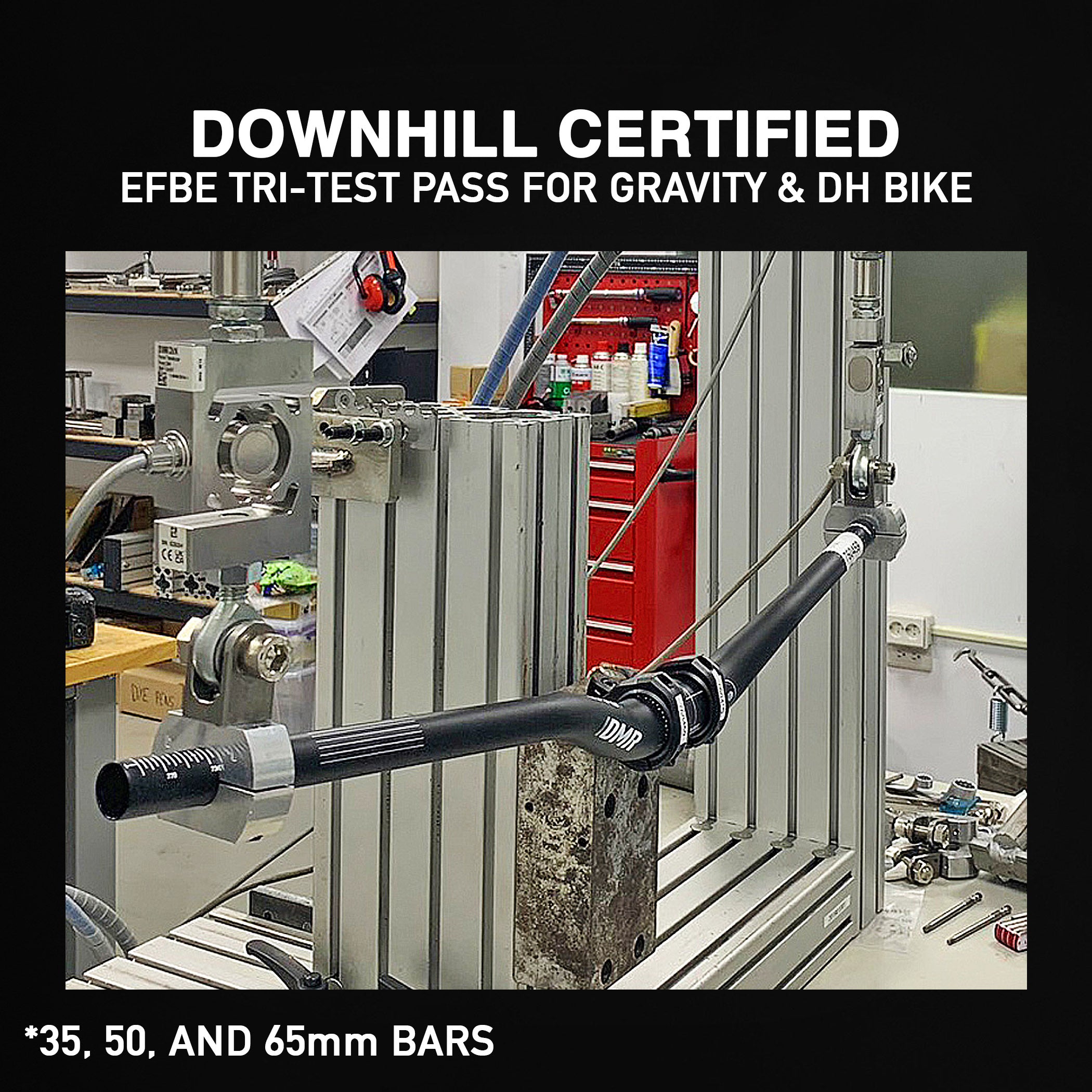 Metal bike component being tested in a workshop with text about downhill certification, DMR mtb handlebars