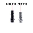 A technical comparison graphic showing two small threaded metal pins on a white background, labeled 'KING-PIN' in black text with a red pointer and 'FLIP-PIN' in black text with a red pointer. The left pin is dark gray/black, and the right pin is silver.