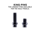 Two black metal king-pins for bicycle vault pedals shown on a white background with black text reading 'KING-PINS THE LONGEST PINS AVAILABLE FOR THE VAULT PEDALS.'.