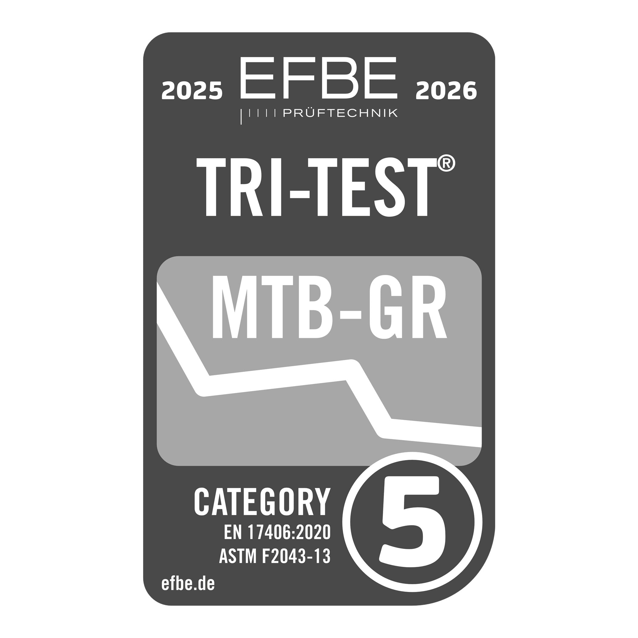 Tri-Test MTB-GR certification label for EFBE 2025-2026 on a white background