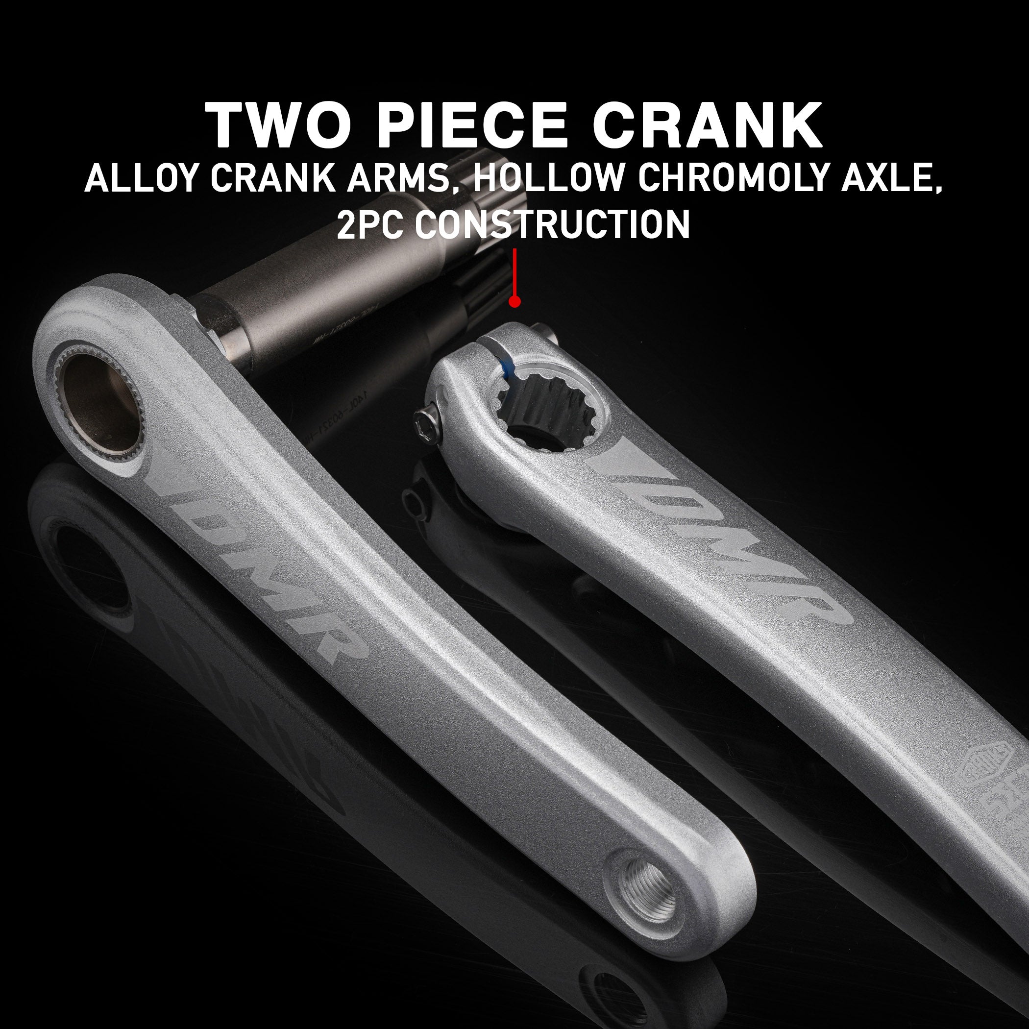 DMR Sect Cranks in Silver, on a black background, with annotated text above.