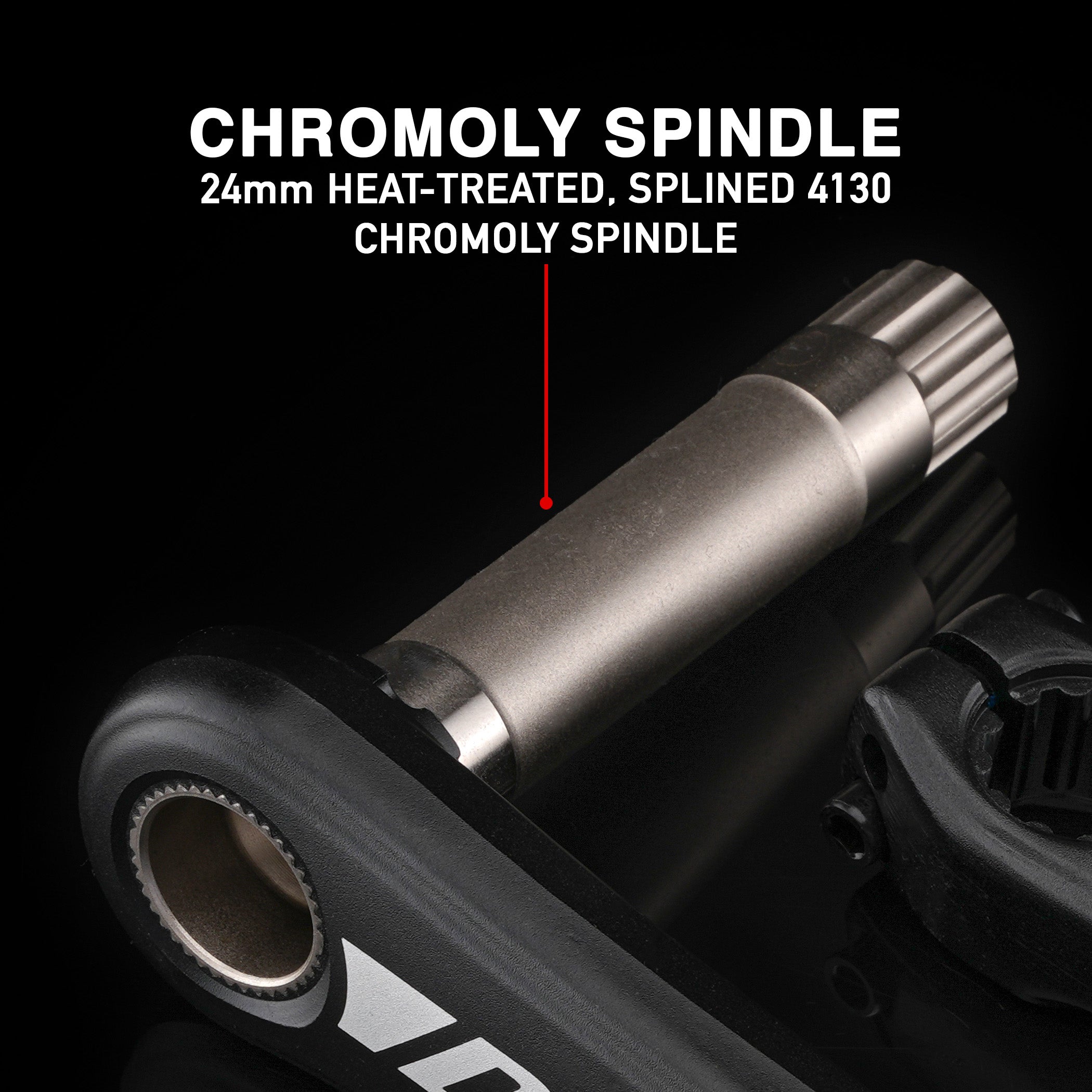 DMR Sect Cranks in Black, on a black background, with annotated text above.