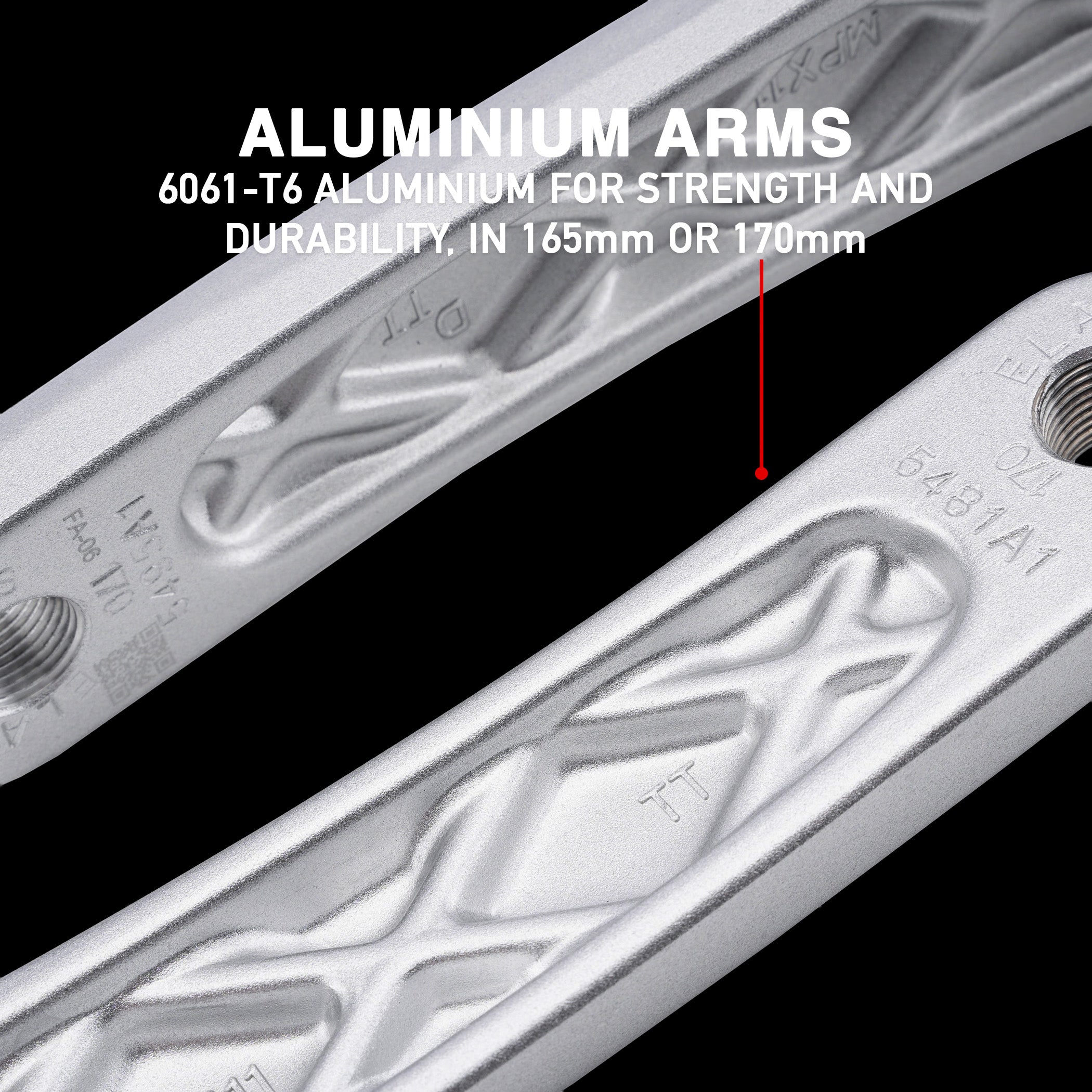 DMR Sect Cranks in Silver, on a black background, with annotated text above.