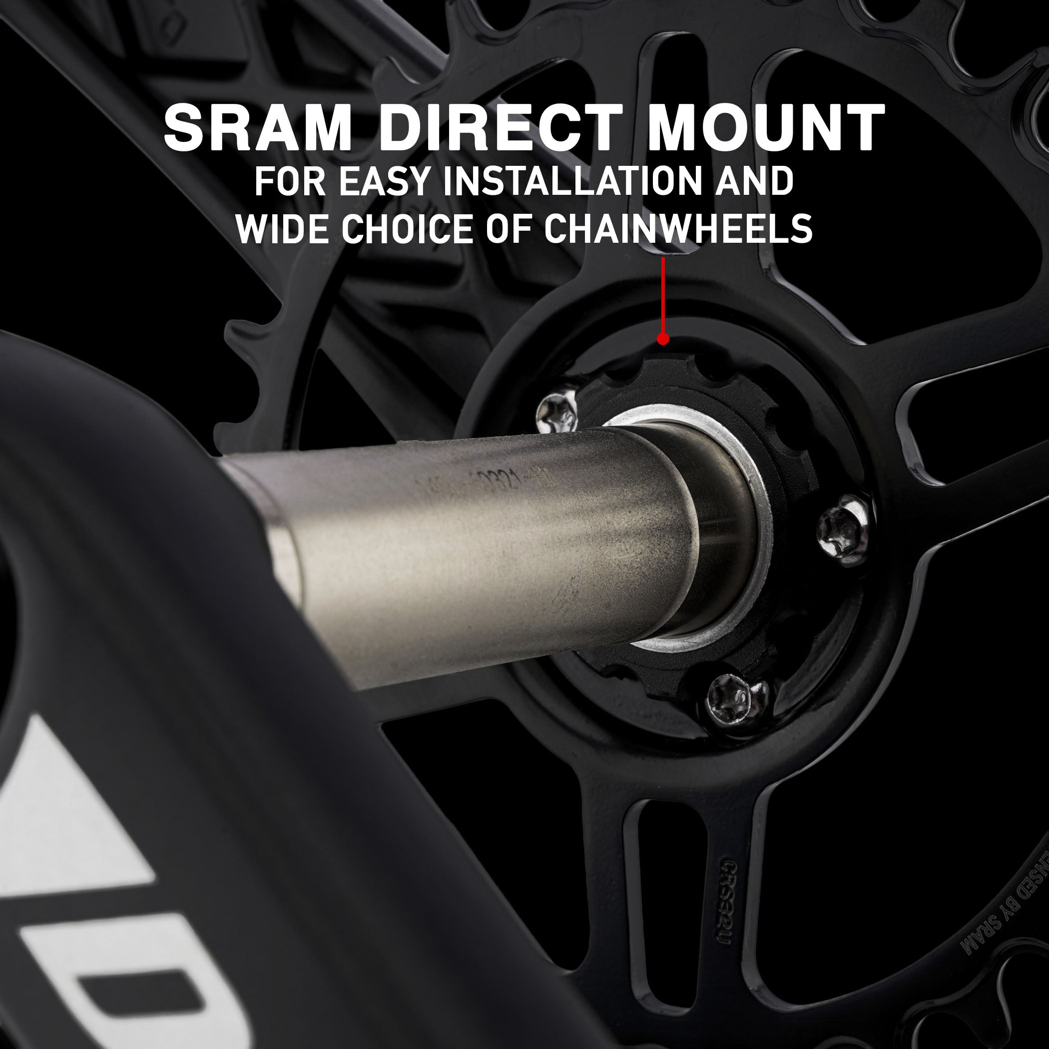 DMR Sect Cranks in Black, on a black background, with annotated text above.