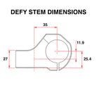 Technical dimension diagram showing two clamp profiles labelled DEFY 35 / 31.8 CLAMP and DEFY 35+ / 35 CLAMP with red measurement lines and numeric dimensions on a white background.