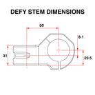 Technical dimension diagram showing two clamp profiles labeled DEFY 50 / 31.8 CLAMP and DEFY 50+ / 35 CLAMP with red measurement lines and numeric dimensions on a white background.