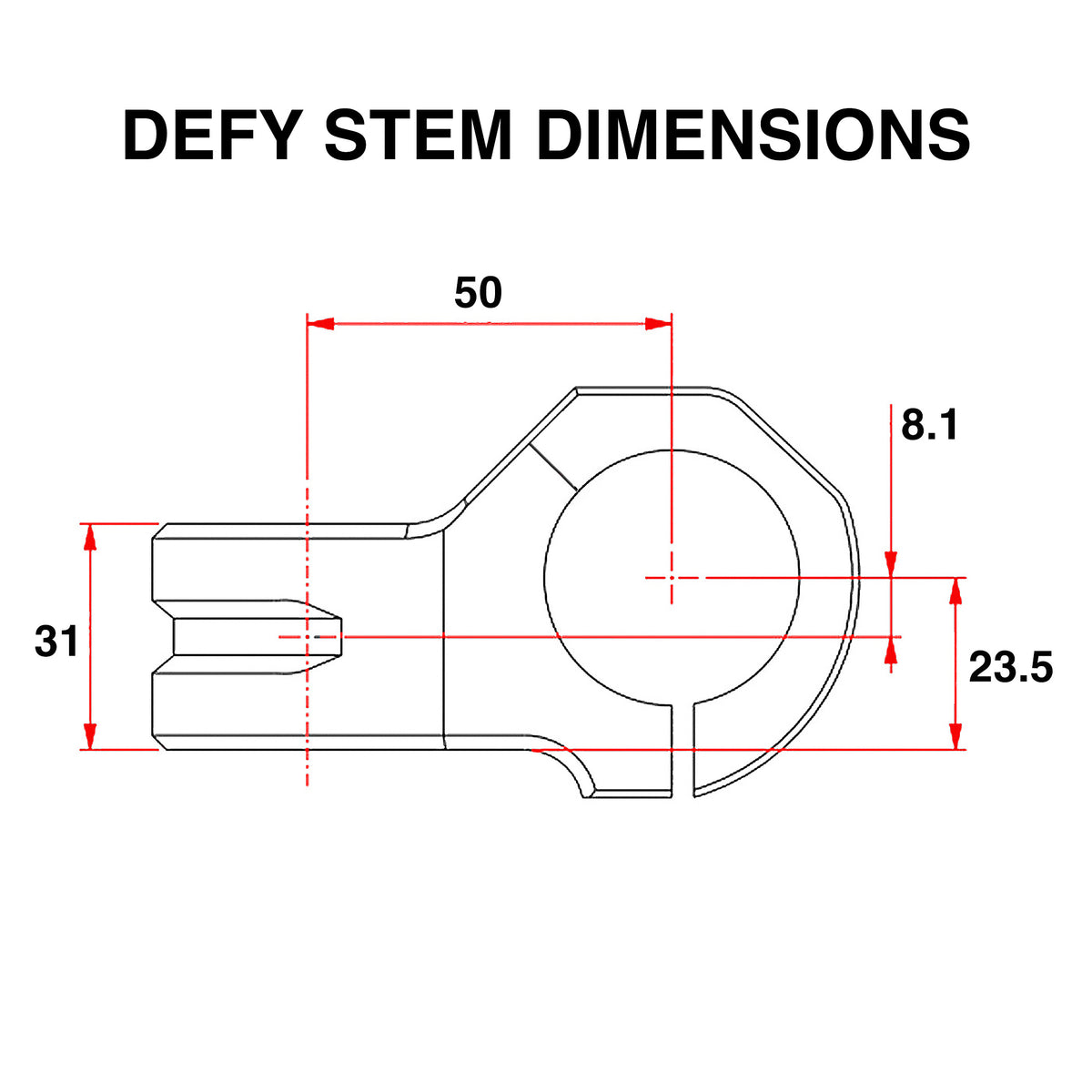 Technical dimension diagram showing two clamp profiles labeled DEFY 50 / 31.8 CLAMP and DEFY 50+ / 35 CLAMP with red measurement lines and numeric dimensions on a white background.