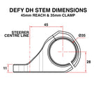 Technical dimension diagram of a defy DH stem, showing measurements of 45mm reach and 35mm clamp, with red dimension lines and labels on a white background.
