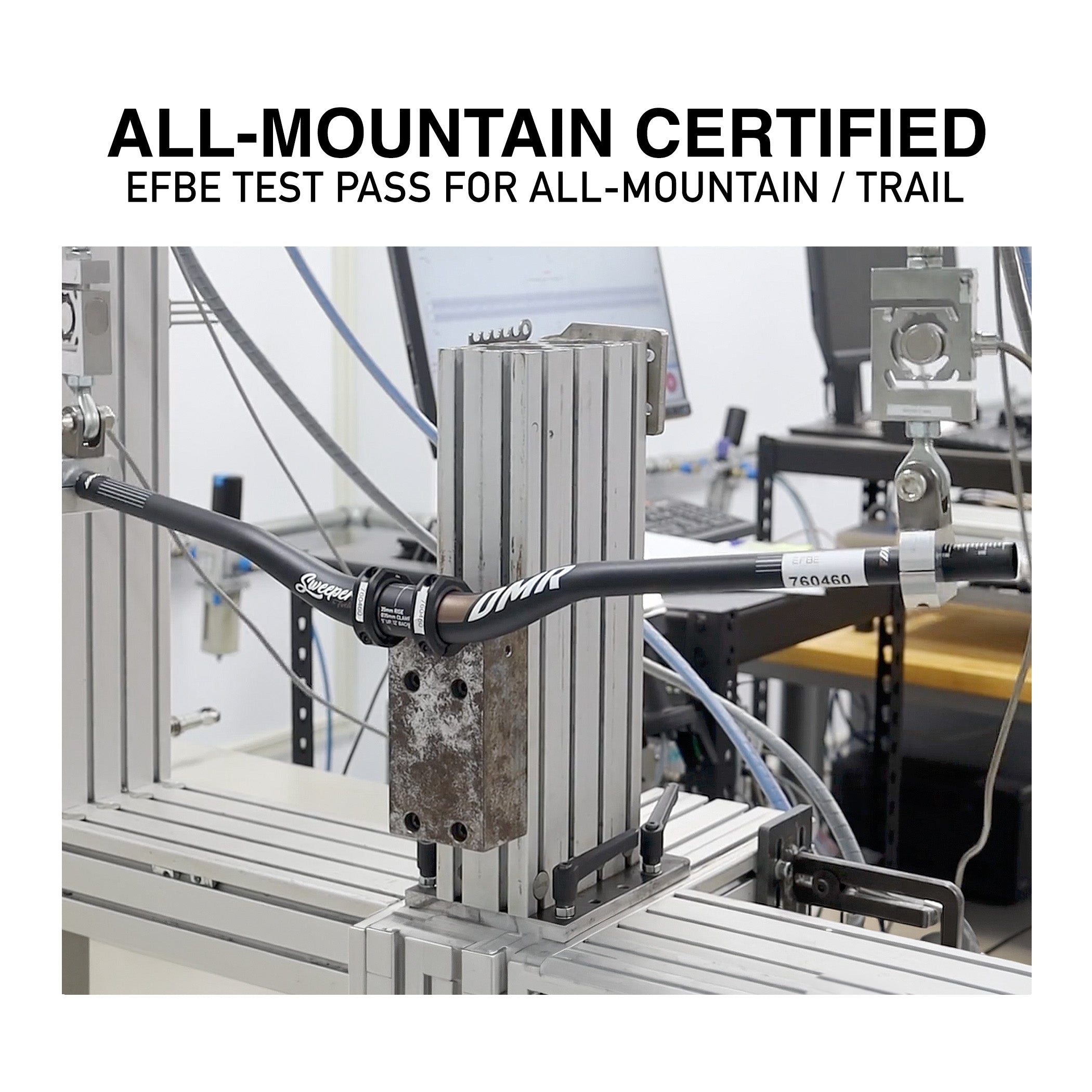 Mechanical setup with 'All-Mountain Certified' text on a white background, DMR Sweeper handlebar test lab setup