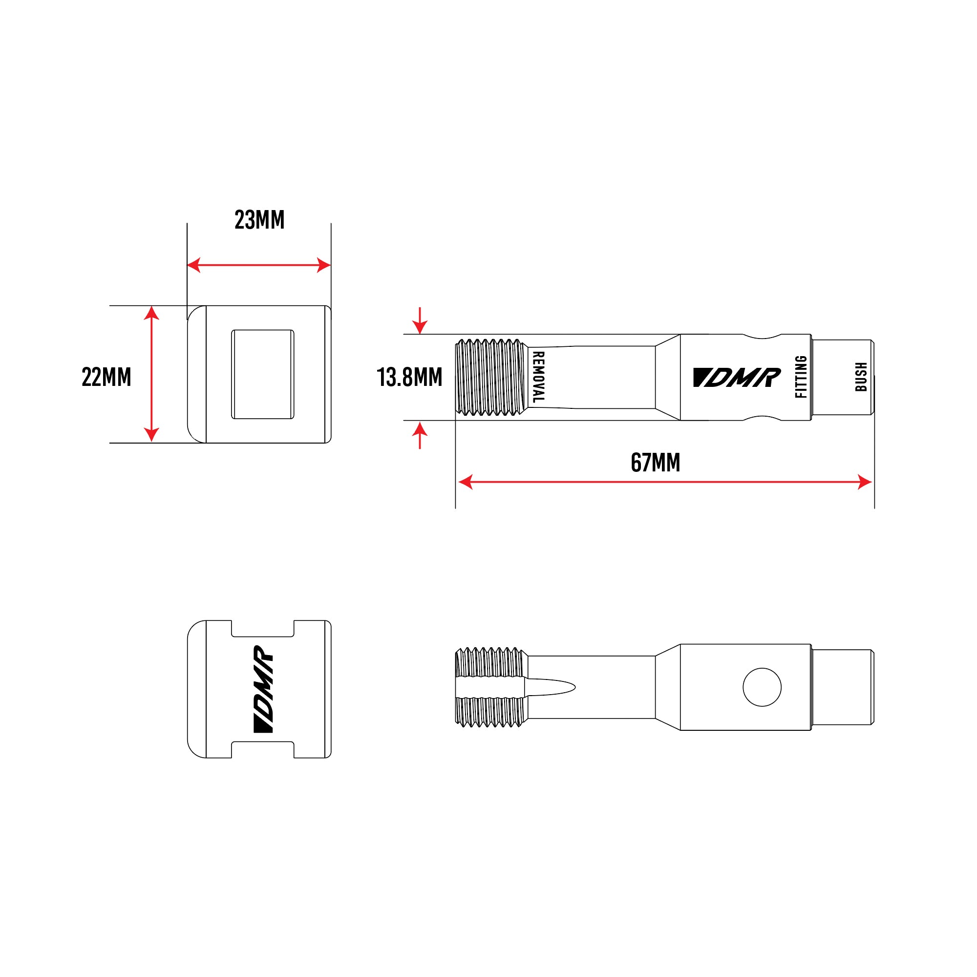 Technical drawing of a DMR pedal service tool with dimensions labeled