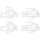 Technical drawing showing four metal bracket or clip profiles labeled DEFY 35, DEFY 50, DEFY 35+, and DEFY 50+ with dimension annotations on a white background.