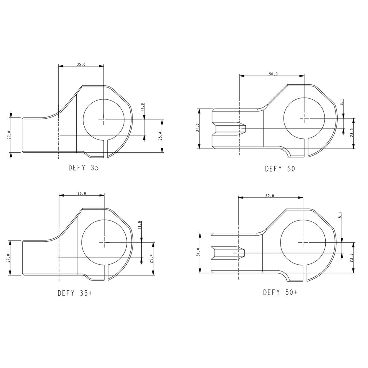 Technical drawing showing four metal bracket or clip profiles labeled DEFY 35, DEFY 50, DEFY 35+, and DEFY 50+ with dimension annotations on a white background.