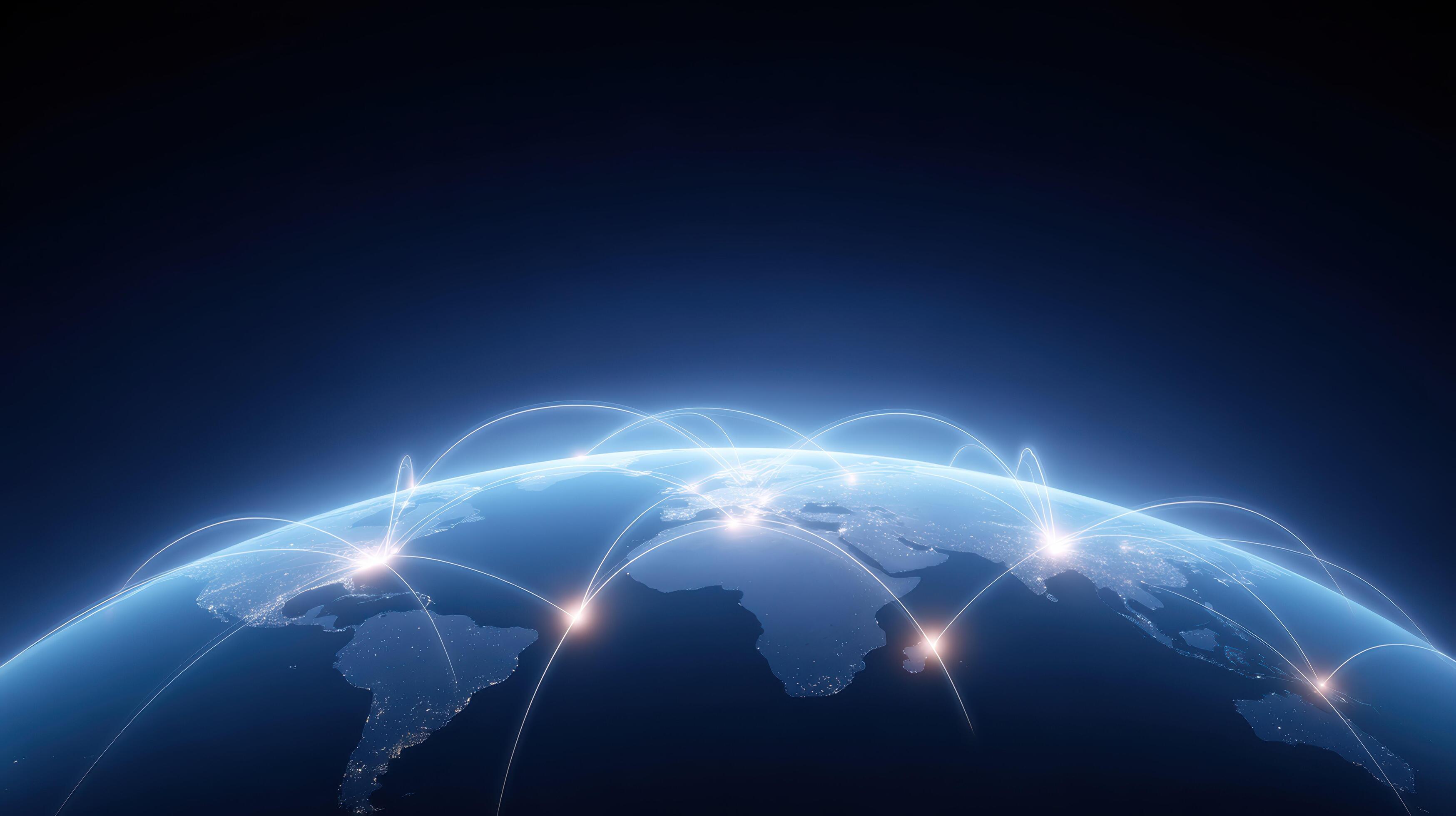 A glowing blue Earth from space with bright light nodes connecting across the globe on a dark navy background.