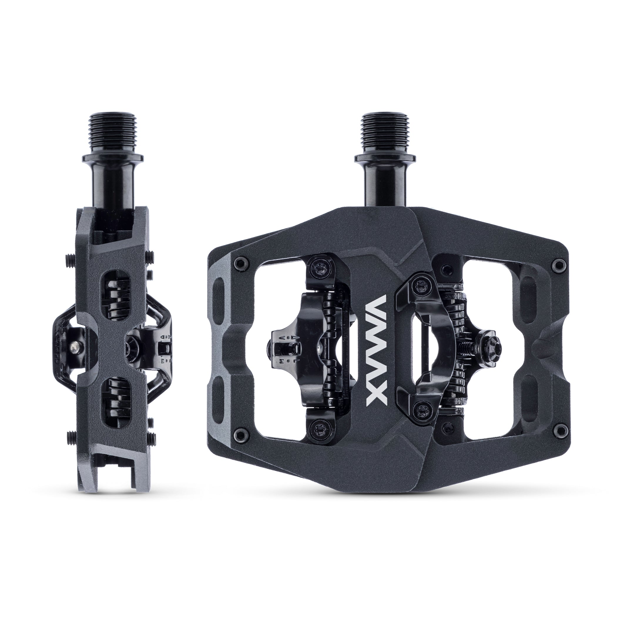 Black VMAX off-road mountain cycling cycle bicycle bike pedal pedalling product with 'VMAX' branding. This pedalling pedal has been placed on a white background.
