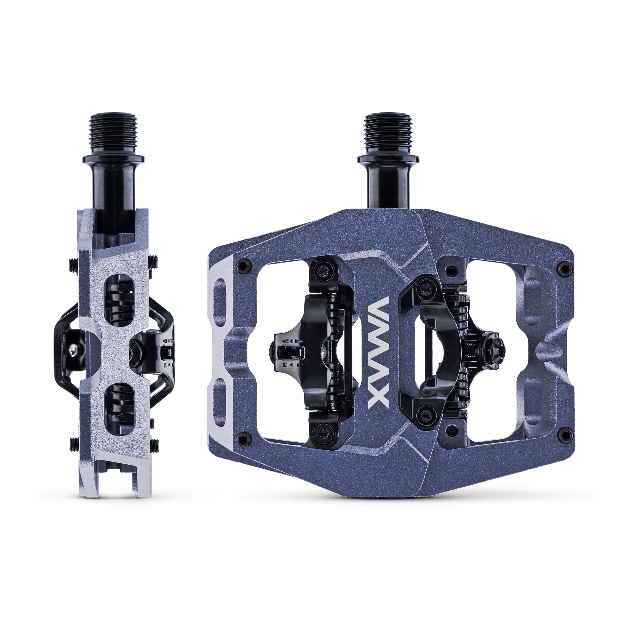 Close-up photograph of the DMR VMAX clipless clip clipped spd cleat mtb off-road mountain cycling cycle bike biking pedal pedalling product, coloured in RD Grey, showing cleat mechanism. This mtb off-road mountain cycling cycle bike biking pedal pedalling product has been placed on a dark grey background.