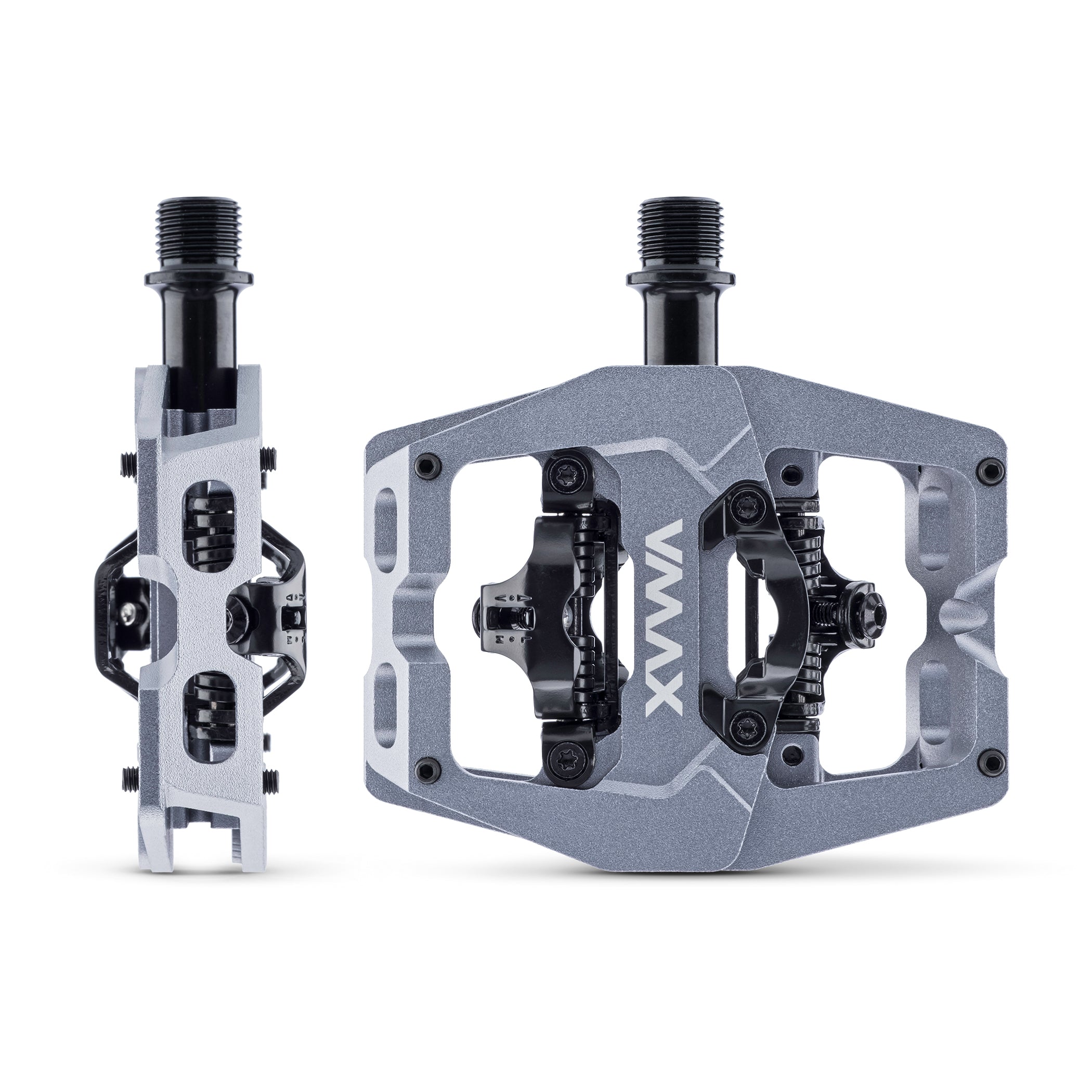 Silver VMAX off-road mountain cycling cycle bicycle bike pedal pedalling product with 'VMAX' branding. This pedalling pedal has been placed on a white background.