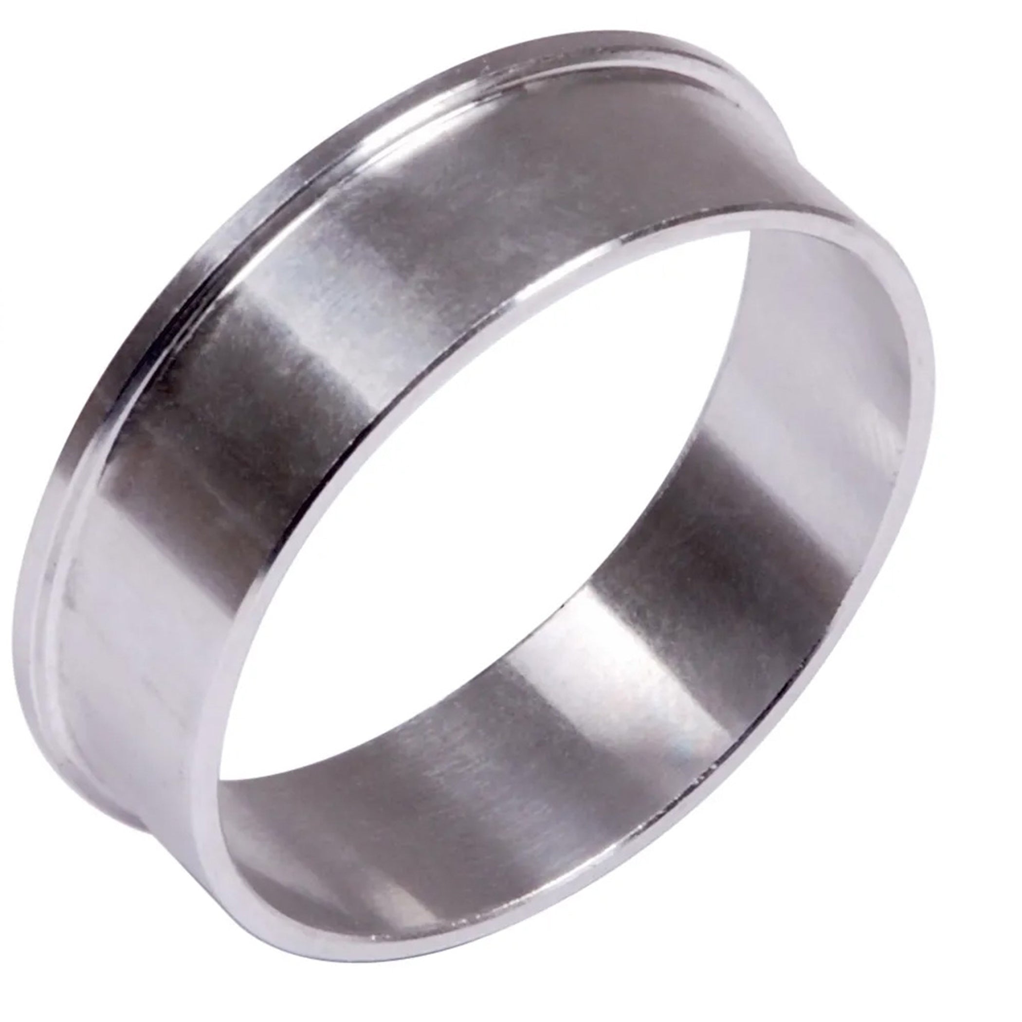 A polished silver metal band ring, likely a stainless steel ring, shown on a solid white background.