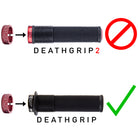 Comparison of 'DeathGrip' and 'DeathGrip 2' handlebar grips with a red circle and line through, indicating incorrect use, and a green check mark, indicating correct use.