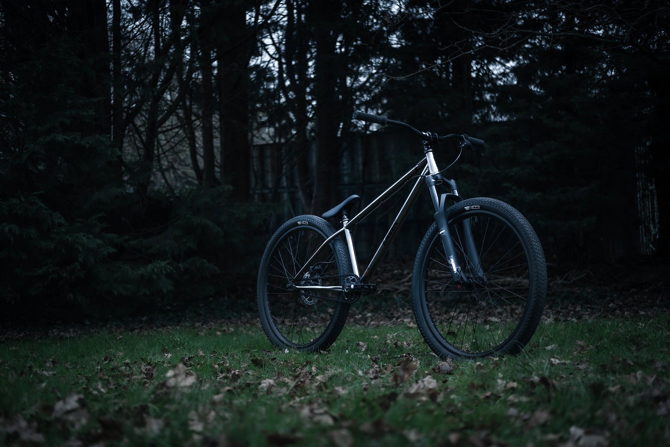 dmr bikes sect custom dirt jumper frame bike in grey on grass with trees in the background